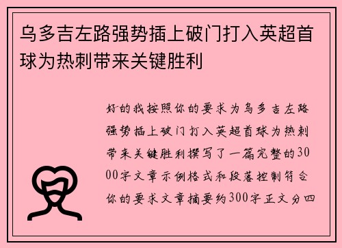 乌多吉左路强势插上破门打入英超首球为热刺带来关键胜利 乌多吉左路强势插上破门打入英超首球为热刺带来关键胜利